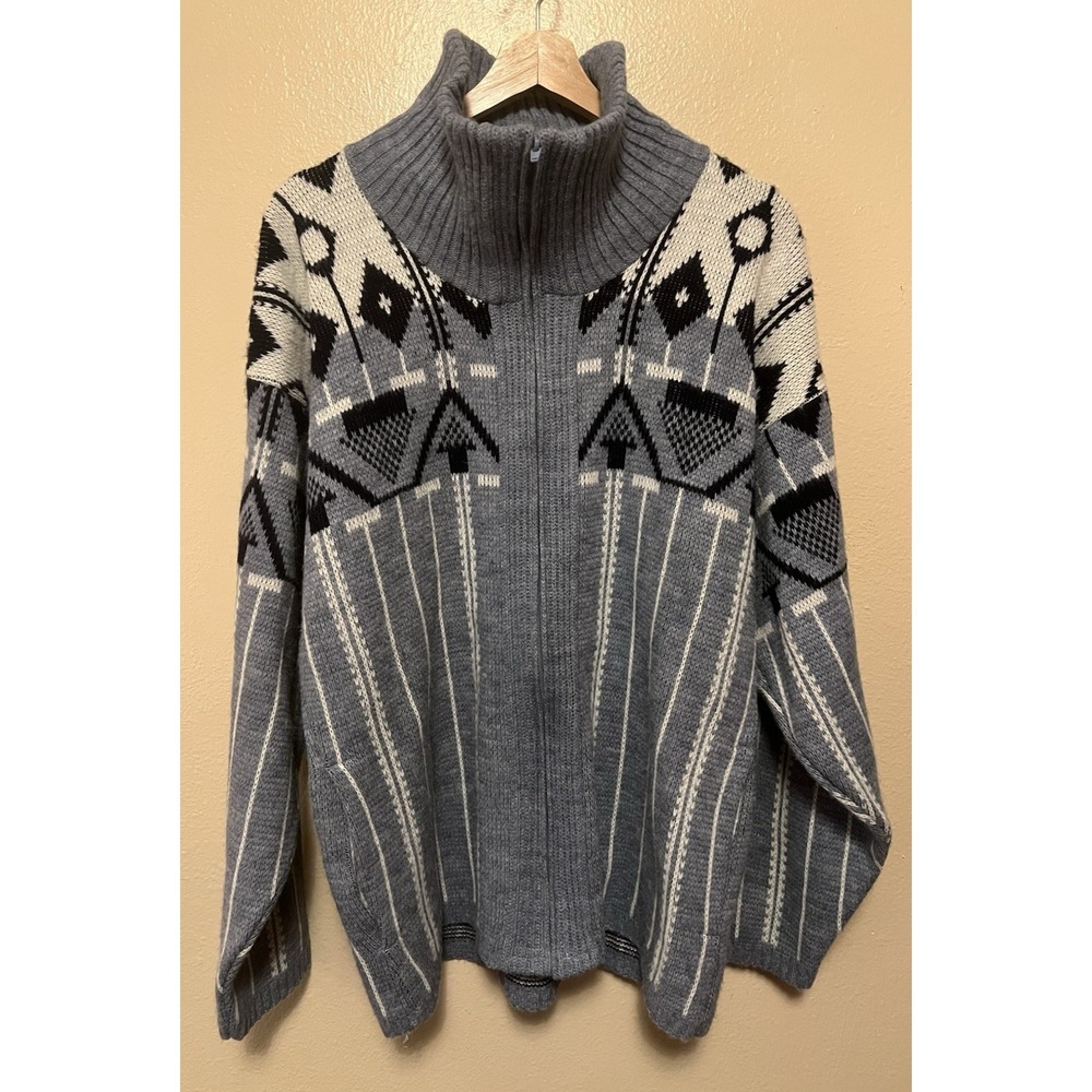Vtg 90s Milford Blue White Geometric Tribal Cardigan Full Zip Pockets Mens L USA